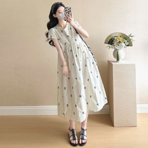 Summer New Design French V-neck Youthful Embroidery Bow Tie Loose Maternity Dress