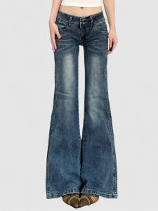 Low Waist Bell Bottom Jeans Womens Blue Washed Denim Slimming Long Pants Funoff American Retro Style Fashionable Casual Trousers