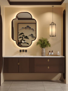 DIPURUI | Tủ Tắm Kết Hợp Thiết Kế Độc Đáo Gỗ Sồi Phủ Vernis Đá Slate Uốn Ép Kiểu Soong
