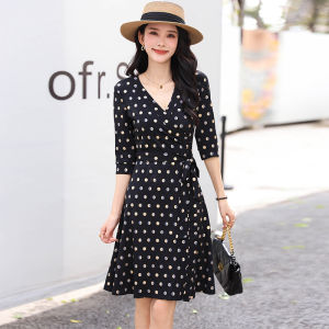 Elegant Black Polka Dot Silk Wrap Dress Slimming High Waist A-Line Skirt V-Neck Summer Fashion Luxury French Style Dress