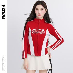 American Retro Style Short Zipper Jacket Womens Color Block Letter Print Stand Collar Slimming Autumn Top Ladies Coat