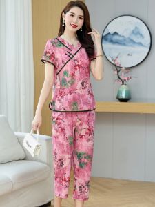 Vintage Plaid Two-Piece Set for Middle-Aged Women Summer Ice Silk Elastic Short Sleeve Top And Pants Loose Fit Ethnic Style