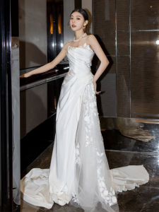 French Style Tube Top Light Wedding Dress Bride Fancy Lace Mori Style Wedding Veil Fishtail Satin Super Fairy Tail Dress