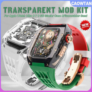 Luxury Glacier Case For Apple Watch Ultra 49mm Fluororubber Band For iWatch Series 9 8 7 6 5 4 SE 45MM 44MM Transparent Mod Kit