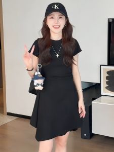 French Style Black Short Sleeve Dress Women Summer 2025 Waist Cinched Slimming Asymmetrical Skirt One-Piece Dress