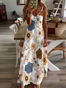 Printed Design Four Seasons casual style Floral Pattern With Blue And Brown Flowers V-neck sling dress