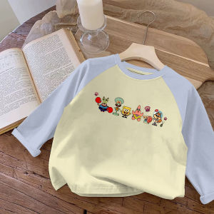 Cartoon SpongeBob Print Cotton Long Sleeve T-Shirt for Boys and Girls