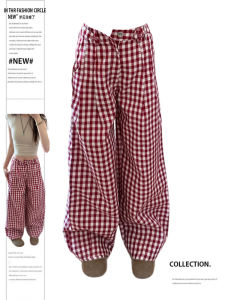 Quần Dài Kẻ Caro Đỏ Phong Cách Mỹ Cổ Điển Cỡ Lớn Cho Nữ Mùa Xuân Hè Mới Ngọt Ngào Quần Dài Ống Đứng Rộng Rãi