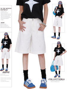 กางเกงยีนส์ทรงหลวมเอวสูงทรงหลวมขาตรงปักลายสีขาวสไตล์ย้อนยุคสไตล์อเมริกันสำหรับผู้หญิงในช่วงฤดูร้อน