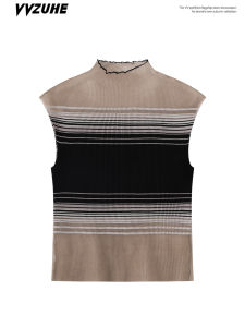 Áo Vest Nữ Cổ Cao Kẻ Sọc Xám Cổ Điển Áo Chui Đầu Áo Vest Chữ I Mỏng Thời Trang Áo Ngắn Áo Chui Đầu Mùa Thu