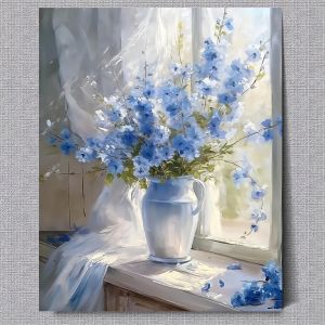 Painting By Numbers Blue Flowers Lakeside Adult Oil Kit DIY Acrylic Paint Canva Artwork Canva Art Gift Home Decoration
