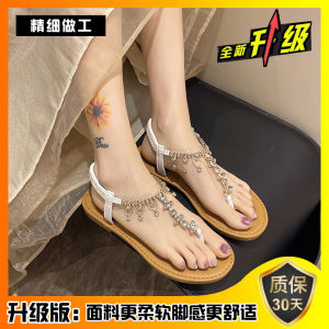 Fairy Style Flat Bottom Sandals Womens New 2025 Summer Transparent Rhinestone for Skirts Roman Beach Shoes Low Heel PU Material
