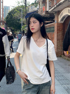 White Cotton V-Neck T-Shirt Womens Summer Simple Short Sleeve Loose Shoulder Design Sense Small Audience Korean Style