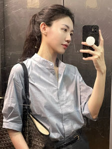 French Style OL Blue Shirt Womens Summer New Design Five Sleeve Commute Elegant Match mid Sleeve Top Polyester Fiber