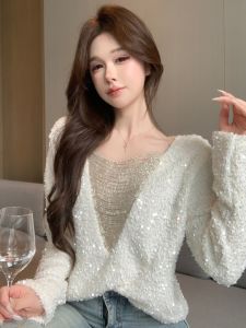 GUZILIAN | Elegant Glitter V-Neck Long-Sleeve Knitwear