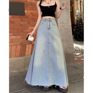 Spring Summer New High Waist Draped Denim Skirt Womens Korean Version Frayed A-Line Midi Skirt Hips Concealing Jeans Skirt