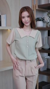 D23 เสื้อแขนสั้น คอปก แต่งริบทูโทนช่วงแขนและปก แฟชั่น ชุดทำงาน สไตล์มินิมอล ร้าน Easter Egg