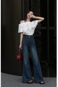 High Waist Wide Leg Denim Blue Cotton Pants for Women Ins Style Casual Versatile Loose Fit American Korean Hong Kong Feel