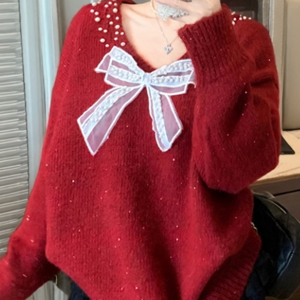 GUZILIAN | Elegant French Bow Beaded V-Neck Long Sleeve Loose Knit Sweater