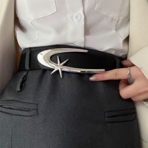 Retro Black Leather Belt with Cool Metal Buckle for Women