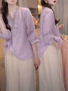 Shalldoer | New Chinese Style Womens Fashion V-neck Sun Protection Shirt High Waist Wide Leg Pants Two-piece Set Summer 2025 High Waist