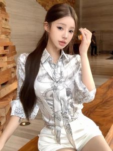 GUZILIAN | Loose Fit Korean Style Shirt Floral Print Satin Top Lazy Fashionable Summer New Standard Version Knitted Long Sleeve Womens Shirt