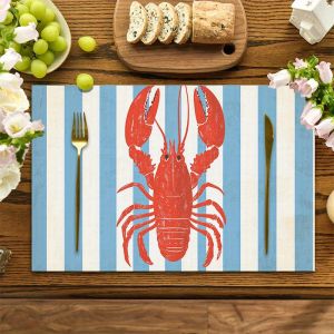 VIKAMA 4-Piece Lobster Feast Placemats Blue and White Nautical Stripes American-Style Party Decor for Gatherings