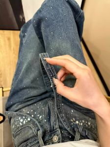 กางเกงยีนส์ทรงหลวมเอวสูง ทรงตรง ทรงสลิมฟิต กางเกงขายาวทรงสลิมฟิต ประดับคริสตัล กางเกงยีนส์ทรงหลวมสำหรับผู้หญิง