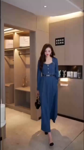 Fashion long-sleeved denim dress womens new square neck long-sleeved retro denim dress high waist commuting thin denim dress