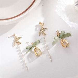 Asymmetric Bird Cage Ear Cuff Long Tassel Pearl Butterfly Knot Green Fresh Style Fashion Jewelry Ear Studs for Women