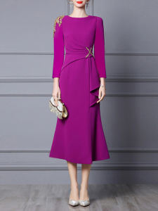 ชุดราตรีงานแต่งงาน ชุดยาวปานกลาง แขนสั้น คอตั้ง สไตล์ทำงาน ชุดราตรีงานแต่งงานสำหรับคุณแม่ ชุดยาวปานกลาง ชุดราตรี