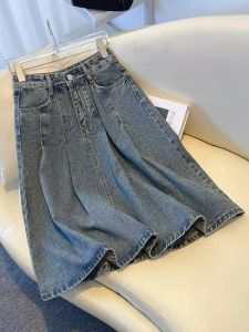 กระโปรงยีนส์ทรงเอเอวสูง กระโปรงทรงมินิกระโปรงผู้หญิงไซส์เล็ก ทรงเข้ารูป กระโปรงทรงเอ ผ้าฝ้ายผสมโพลีเอสเตอร์ กระโปรงทรงเอ กระโปรงยีนส์