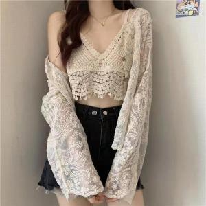 Womens 2022 New Style Hot Girl Lace Hollow out Strap Long Sleeve Cardigan Sun Protection Two-Piece Set Cotton V-neck Loose Fit