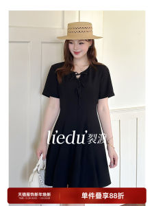 Ladies plus Size V-Neck Belted Dress Pure Color Slimming Hepburn Style Mini Dress Polyester Fiber Regular Sleeve A-Line Skirt