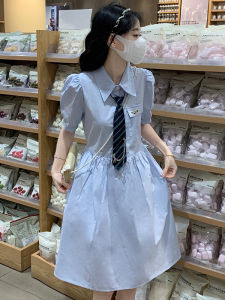 Sweet Bohemian Summer College Style JK Tie Dress Women Loose Student Girl Anti-Aging Midi Skirt High Waist Bubble Sleeve