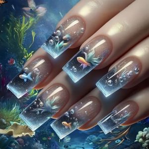 24pcs/set Medium Long Fake Nails for Summer Gradient Blue Ocean Jellyfish Water Plan Fish Cute Square Tips Press On False Nail