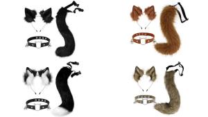 3pcs Faux Fur Cat Ears Headband Wolf Fox Animal Tail Set Cosplay Costume Headdress Leather Choker for Halloween Party Roleplay