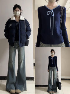 Sweet Ruffle Splice Butterfly Knot Twist Knit Sweater Women Autumn Winter Inner Wear Pure Desire Base Top Korean Style Slim Fit