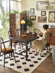 French Style Solid Wood Large Board Table Black Fancy Table Small Apartment Designer Retro Rectangular Dining Table