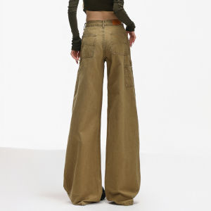 American Style Low Waist Khaki Workwear Denim Pants Womens Autumn 2025 Wide Leg Floor-Length Draping Long Trousers