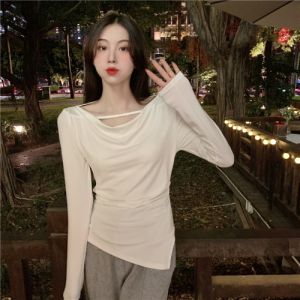 Áo Thun Nữ Dài Tay Mùa Thu Mới Dáng Ôm Không Đều Cổ Chữ V Tay Dài Cotton Phong Cách Hàn Quốc Mặc Trong