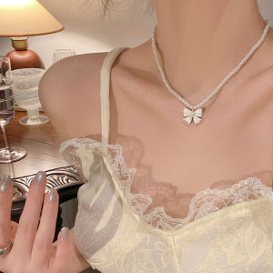 Korean Fashion White Bow Necklace Elegant Pearl Neck Lace Women Accessories Jewelry for Girls