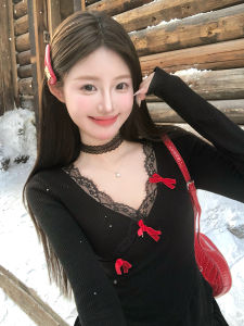 GUZILIAN | Korean Style Long Sleeve Knitted Top Women Slim Fit Butterfly Knot Pure Desire Black Autumn Winter Fashion Commute Style Clothes