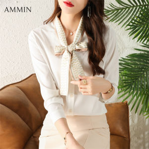 AMMIN สไตล์เกาหลีใหม่ของผู้หญิงแขนยาวสีขาวสบายๆเสื้อชีฟองมืออาชีพใหม่คอวีหลวมพิมพ์โบว์ผูกด้านบน