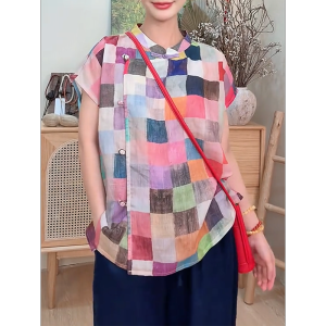 QINGNAER | Colorful Checked Oversized Short Sleeve Blouse