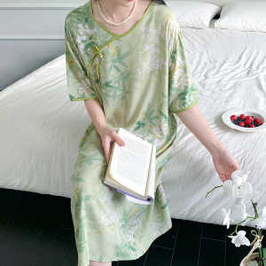 Retro Style Cotton Silk Short Sleeve Night Dress for Women 2024 New Design Floral Printed Crewneck Sleepwear