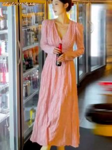 French Tea Break Pink Long Sleeve Dress Slimming Base Layer Skirt for Beach Holiday Photoshoot A-Line Princess Style Spring Dress