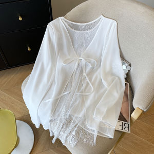 เสื้อเชิ้ตผ้าชีฟองคอวีลูกไม้หลวมๆ น้ำหนักเบาสำหรับฤดูร้อน เสื้อคลุมกันแดดแบบลำลองสำหรับผู้หญิงจากจีนแผ่นดินใหญ่