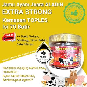 EXTRA STRONG Toples ALADIN Isi70Butir JAMU untuk AYAM JUARA AYAM LAGA Kemasan Ekonomis Isi Lebih Banyak Ayam Tanding Ayam Tarung
