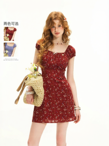 Unifree | Red Floral Chiffon Dress A-Line Square Neck Vintage Summer